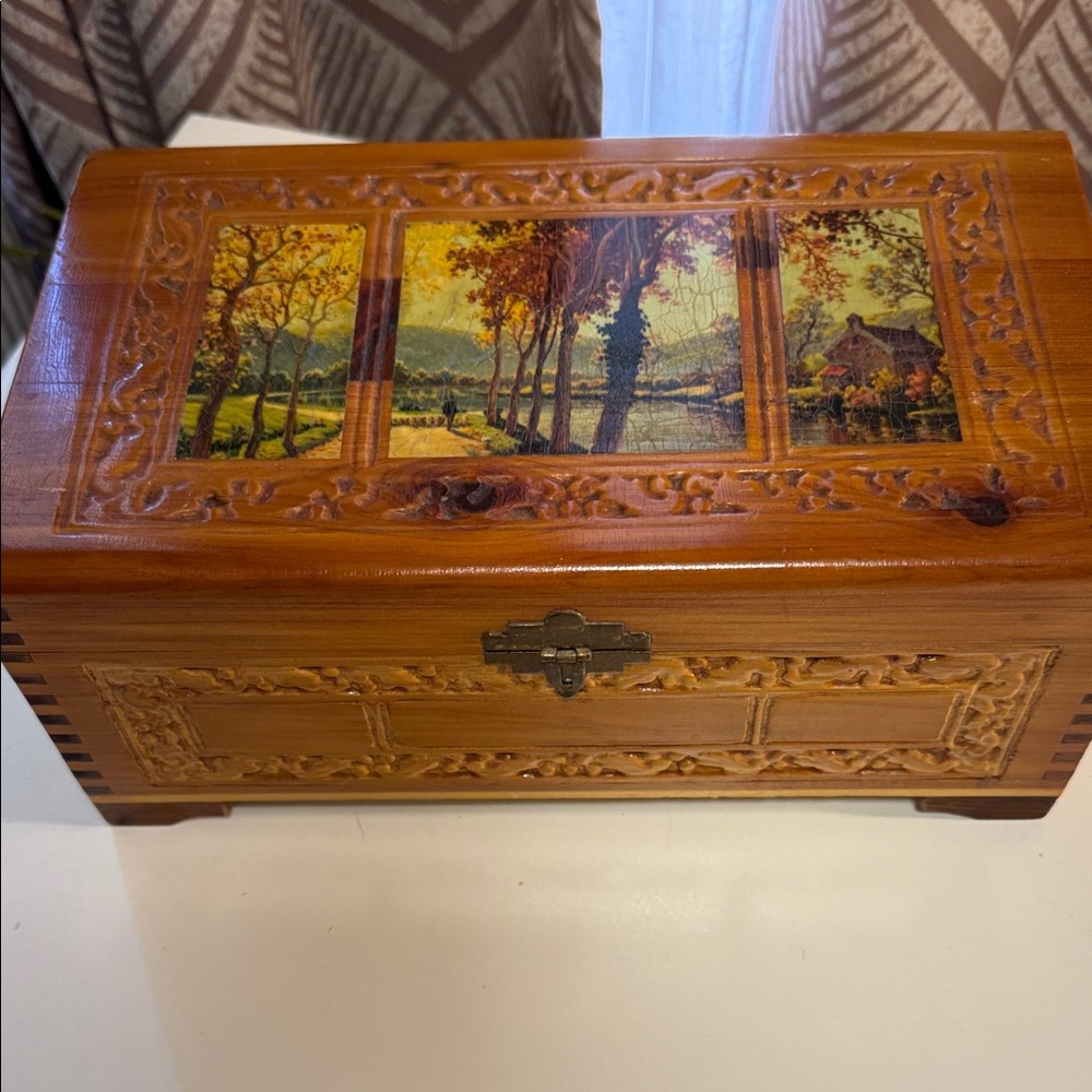 Vintage Cedar Wood Trinket Box, Lake Decoupage (MCM)